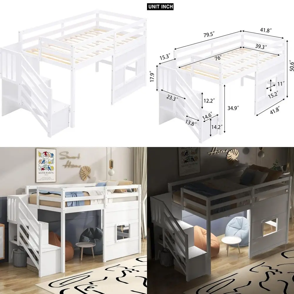 

Белая деревянная кровать-чердак размера Twin с лестницей и местом для хранения для детей и подростков