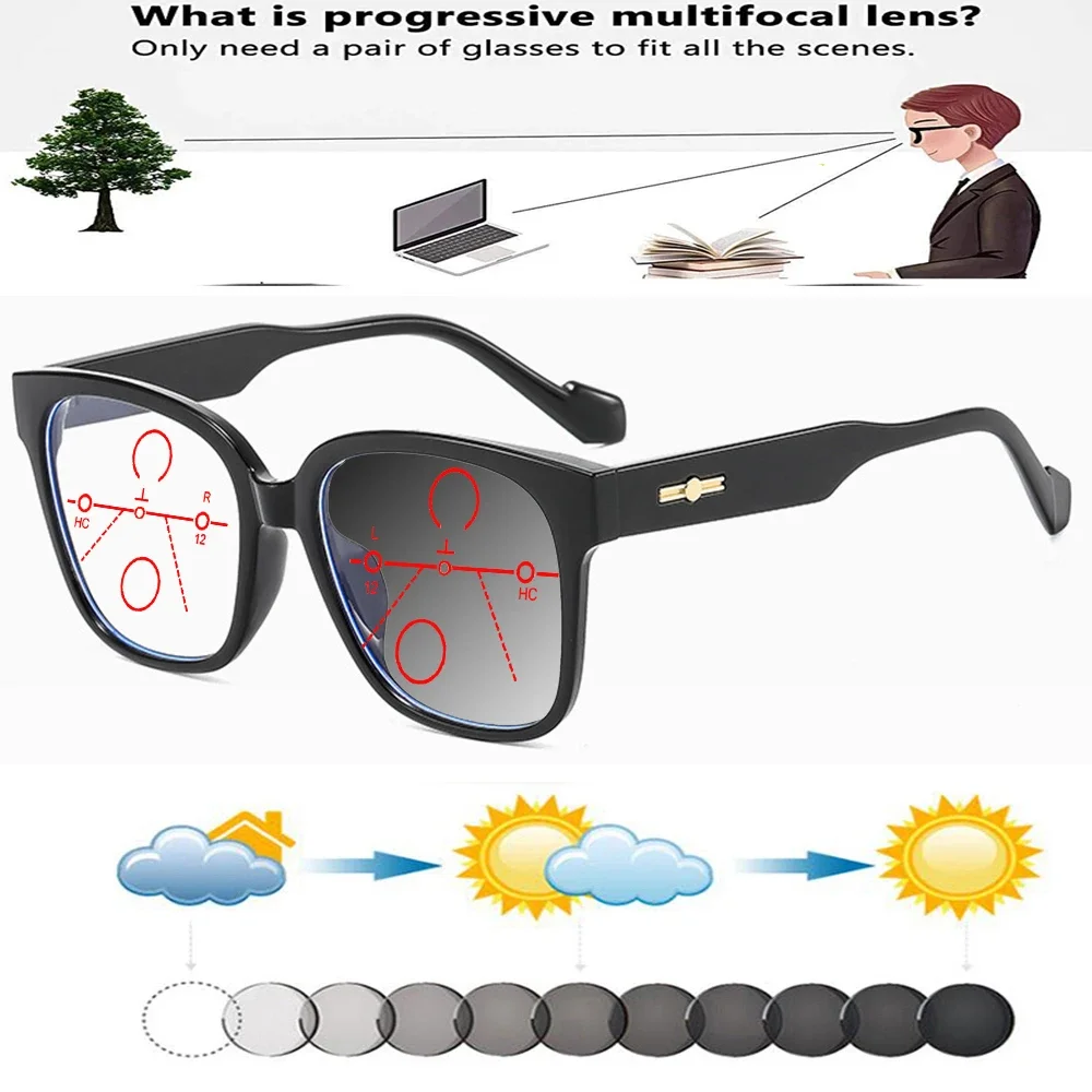 

Metal Trim Temples Black Oversized Full-rim Square Comfortable Photochromic Progressive Multifocal Reading Glasses +0.75 To +4