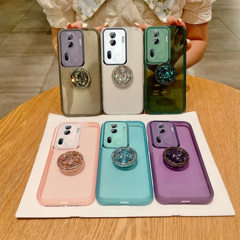 For Oppo Reno 11 12 10 Pro Plus + 8 8t 7 Reno11 F 5G Reno10 Reno8 T 4G Reno7 Lite Clear Silicone Case Diamond Holder Stand Cover