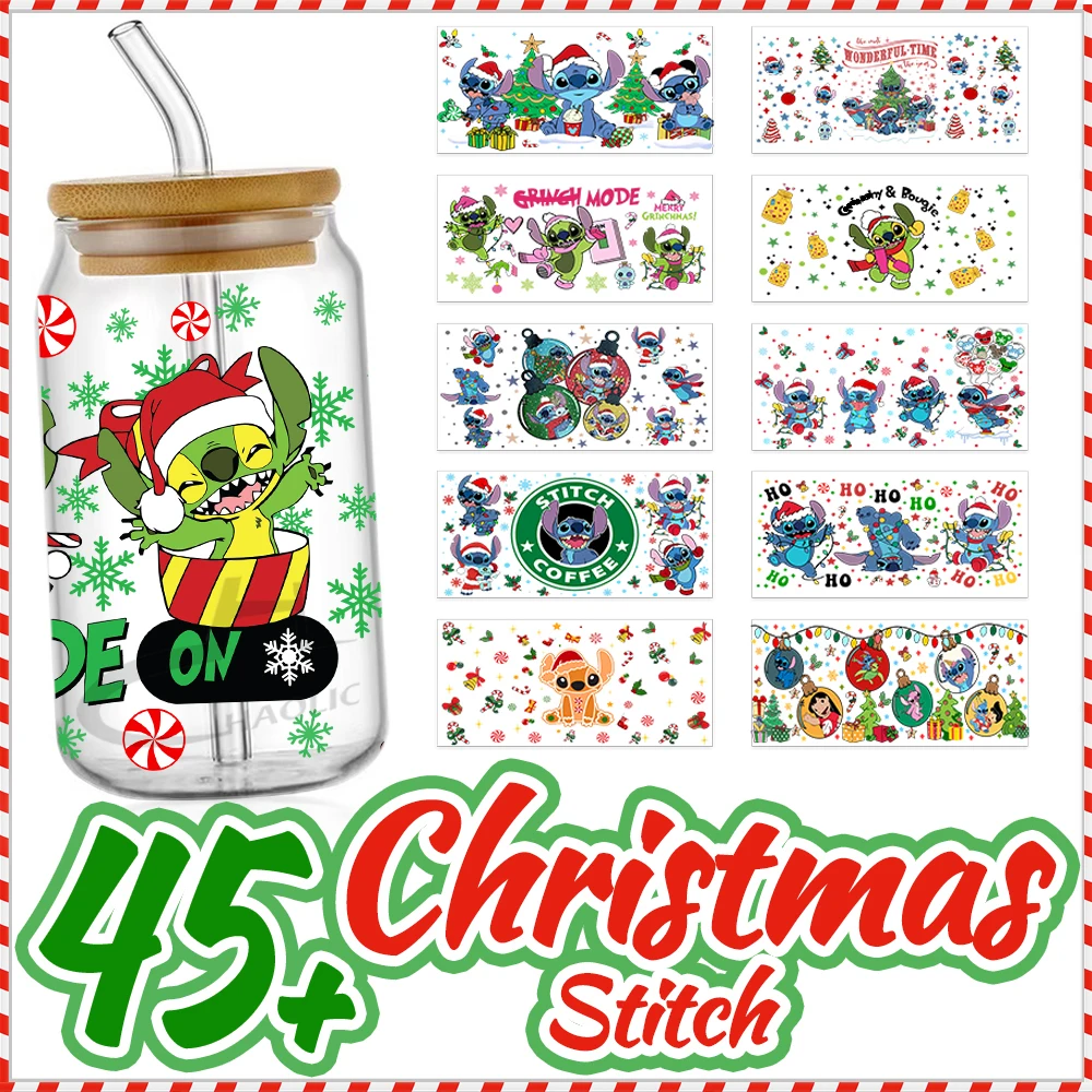 

Рождественская наклейка для стаканов Stitch and Angel UV DTF, наклейки для стаканов объемом 16 унций Libbey, наклейки для стаканов, самоклеящиеся, водонепроницаемые