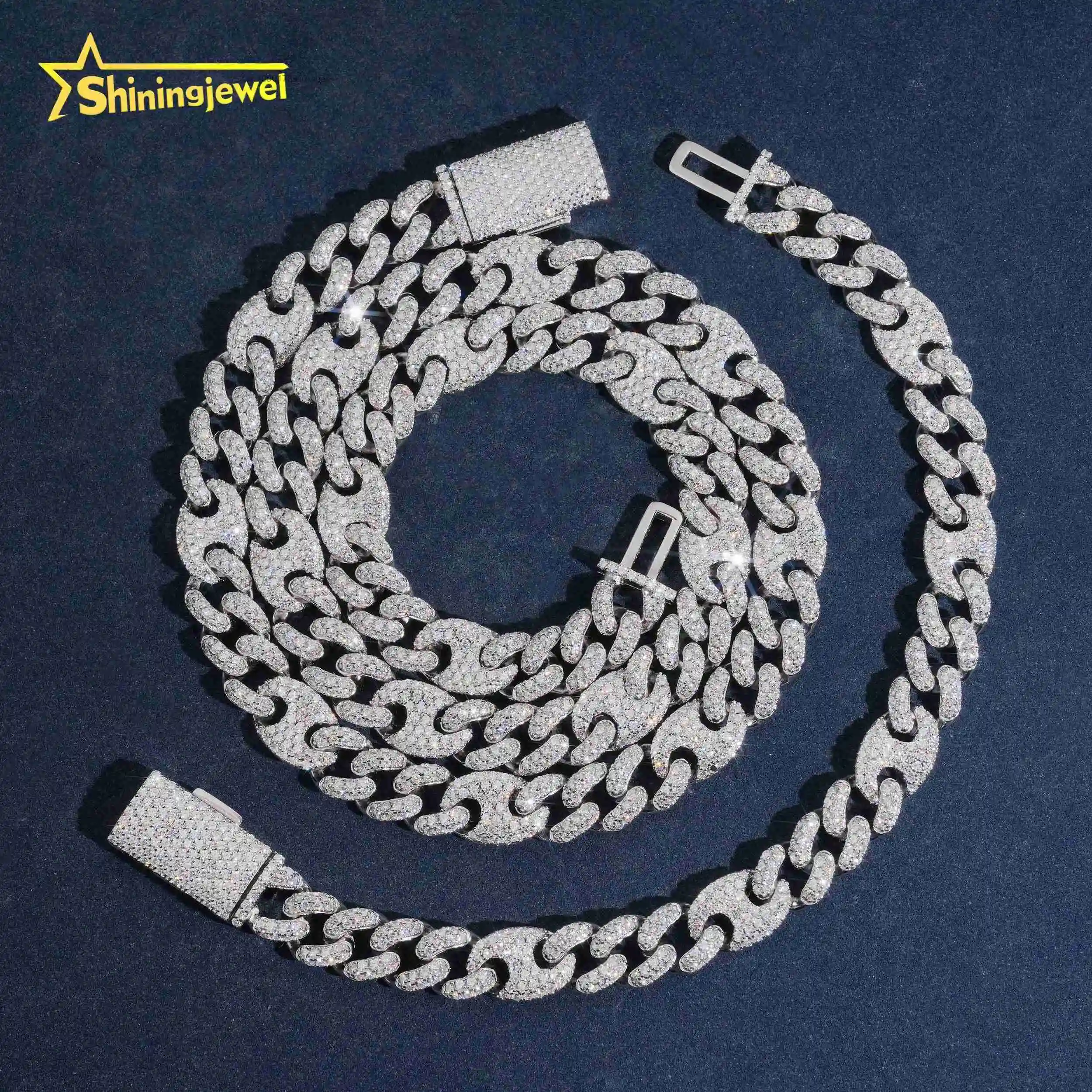 Jewelry Fine Hip Hop Style 925 Silver Iced Out 9mm Silver Moissanite Diamond Cuban Link Chain.