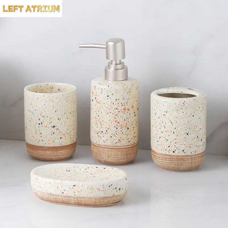 luxury high-end washing kit sub-bottle spotted wood bottom bathroom lotion bottle soap dish ceramic bathroom four-piece set