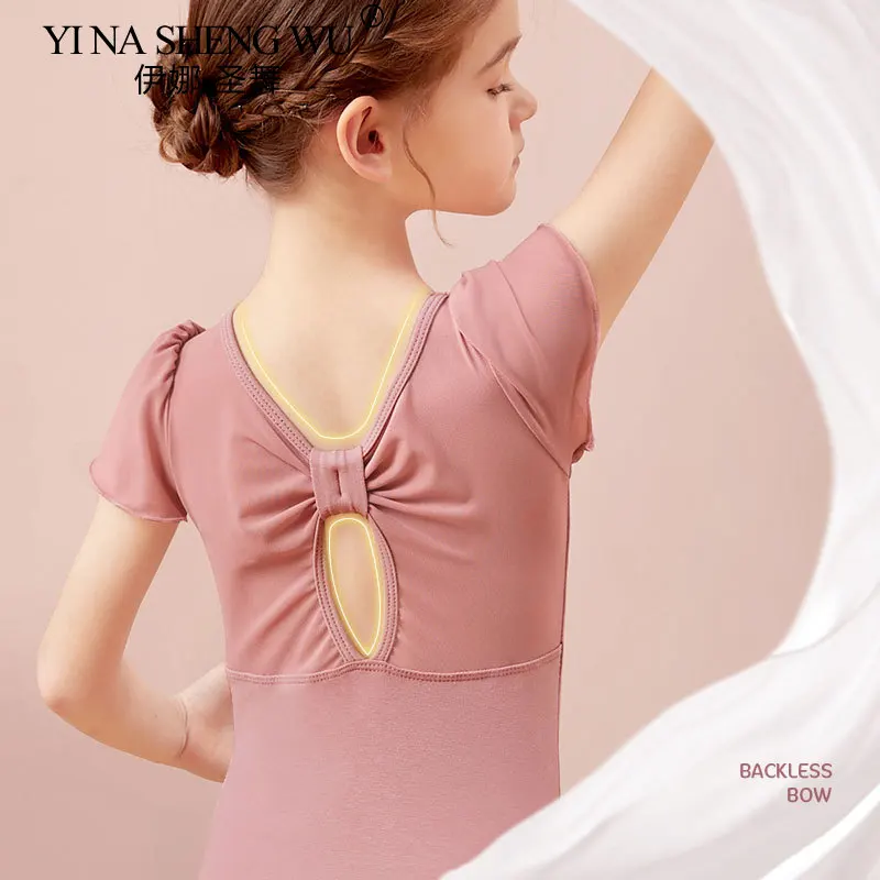 Girls' Ballet Dress Patchwork Short Sleeved Children's Dance Dress Back Bow Gymnastics Dress Cotton