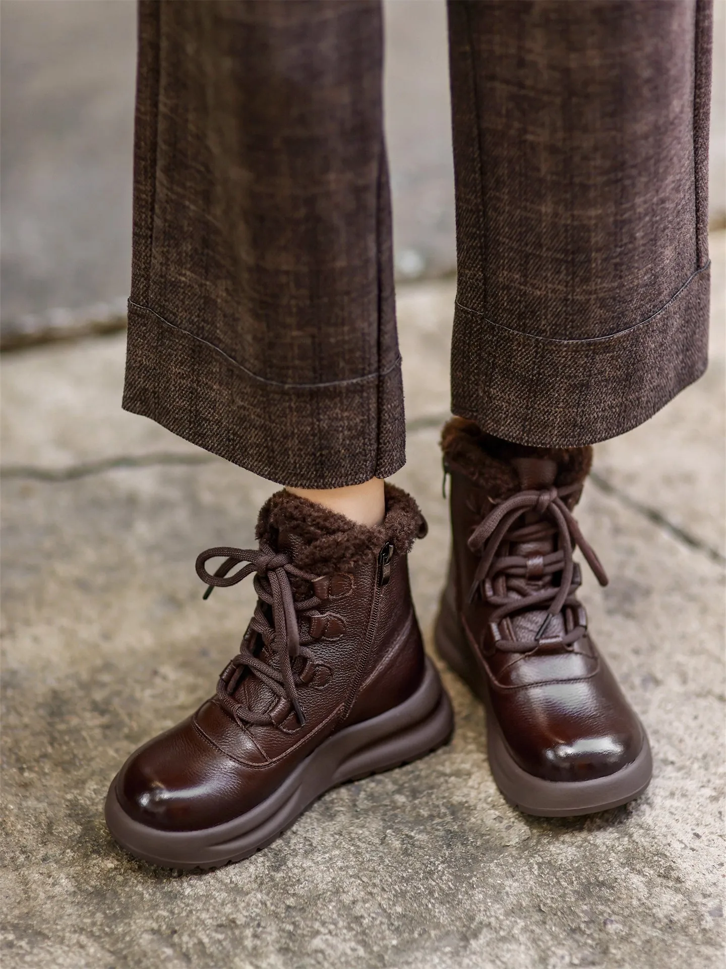 

GKTINOO Fashion Women Snow Boots Winter Warm Thick Soled Wedges Heel Chunky Platform Genuine Leather Wool Mid Calf Boots