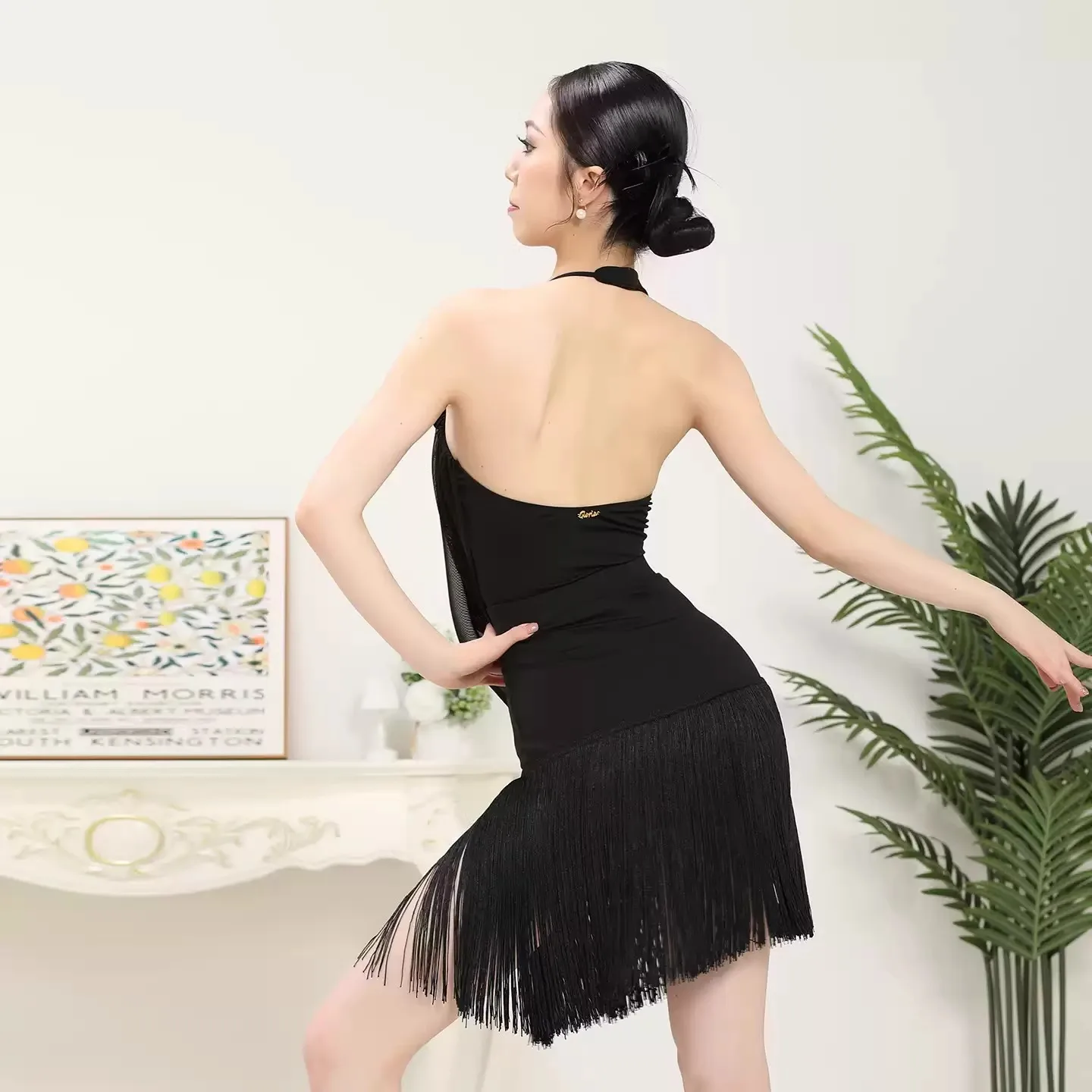 Latin Danswedstrijd Jurk Voor Vrouwen Bloem Halter Hals Tops Fringe Jurk Samba Cha Cha Kleding Wit Zwarte Rok Dans Jurk