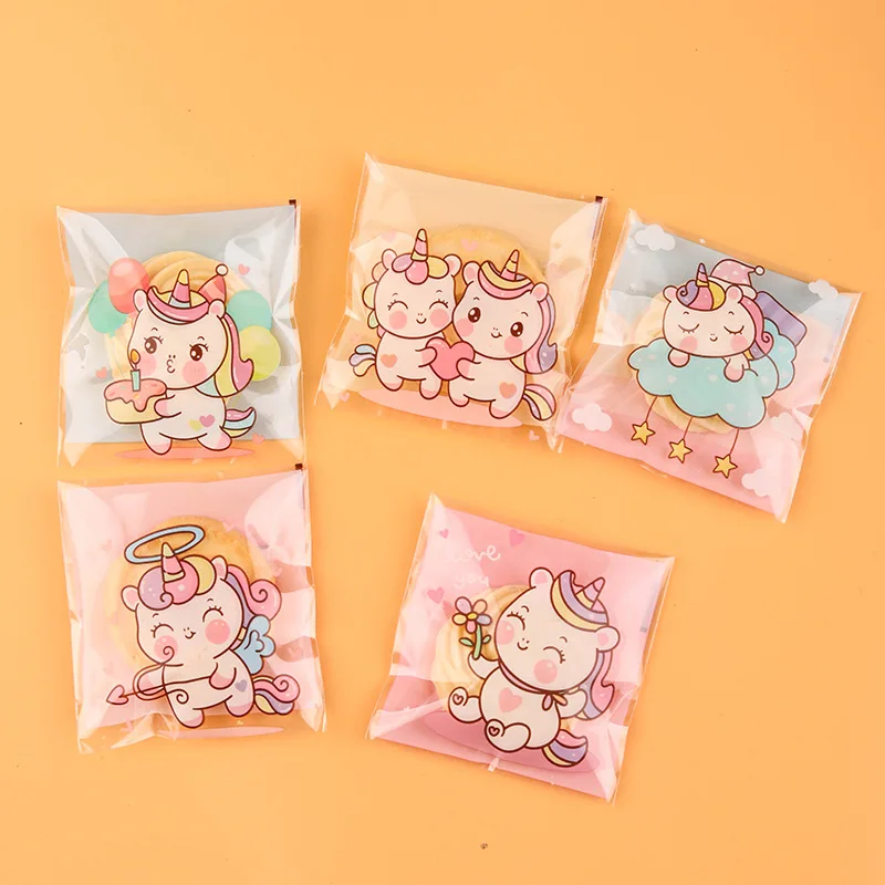 100pcs/lot Cute Unicorn Gift OPP Bags Plastic Self-adhesive Candy Cookies Biscuits Packaging Bags Baby Party Supplies