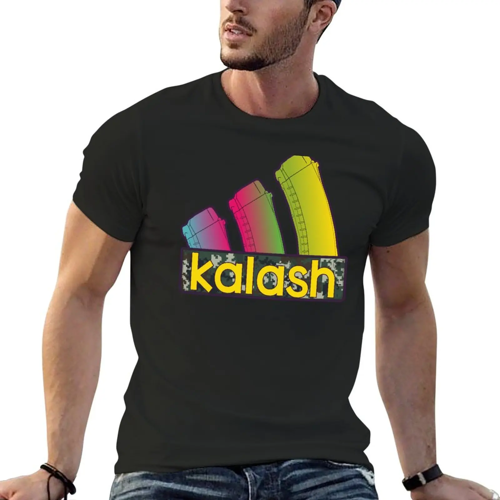 Colorful Kalash three AK assault rifle magazines T-Shirt korean fashion street wear plain white t shirts men