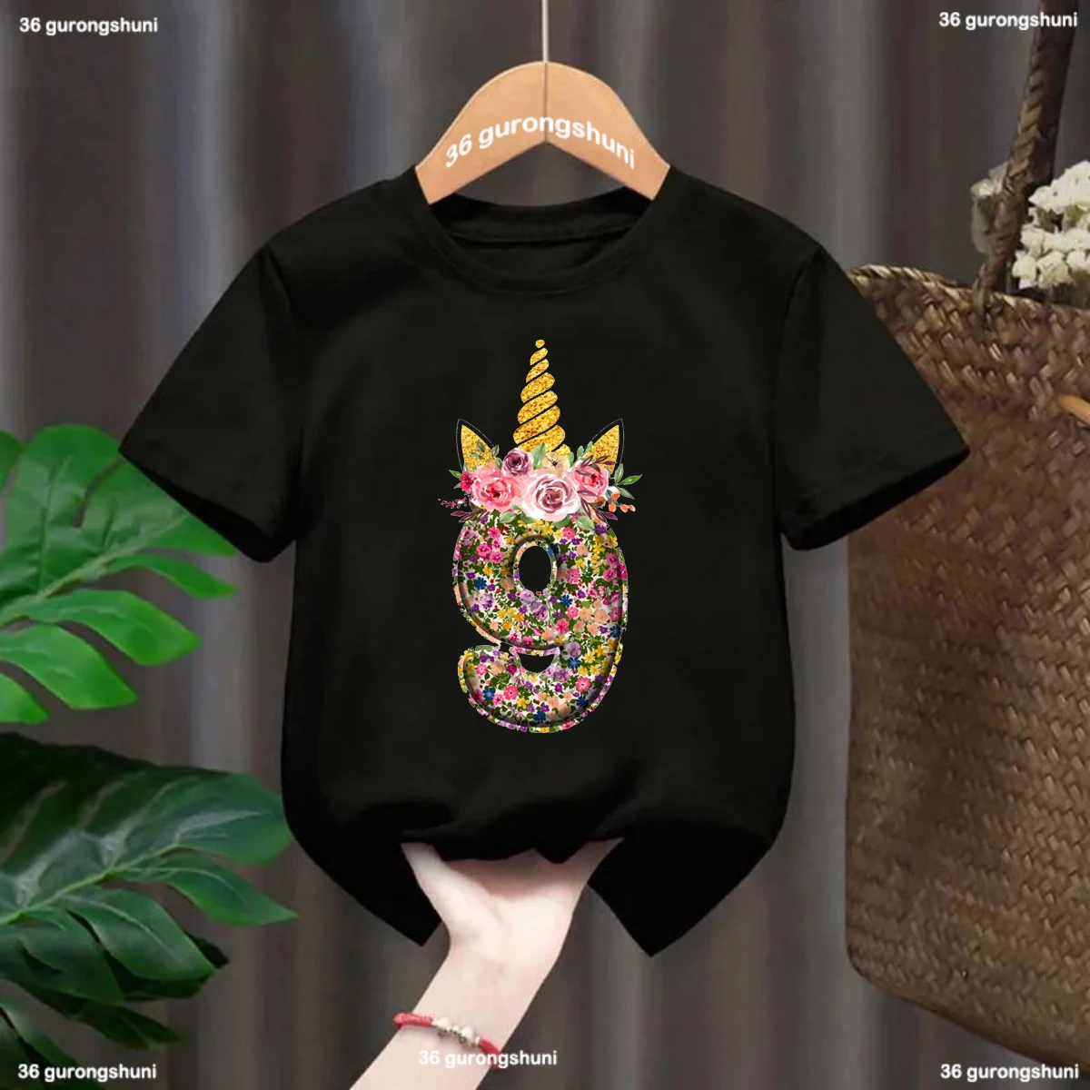 New Colorful Flowers Unicorn T Shirt Birthday Present Number 6 7 8 9 10 T-Shirt Little Girls Kids Clothes Short Sleeve Baby Tops