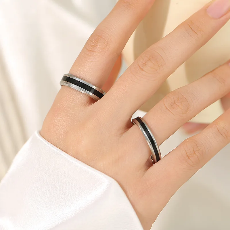 4/6MM Fashion Minimalist Black Stainless Steel Proposal Ring for Men and Women Couples Wedding Charm Jewelry Anniversary Gift image 5
