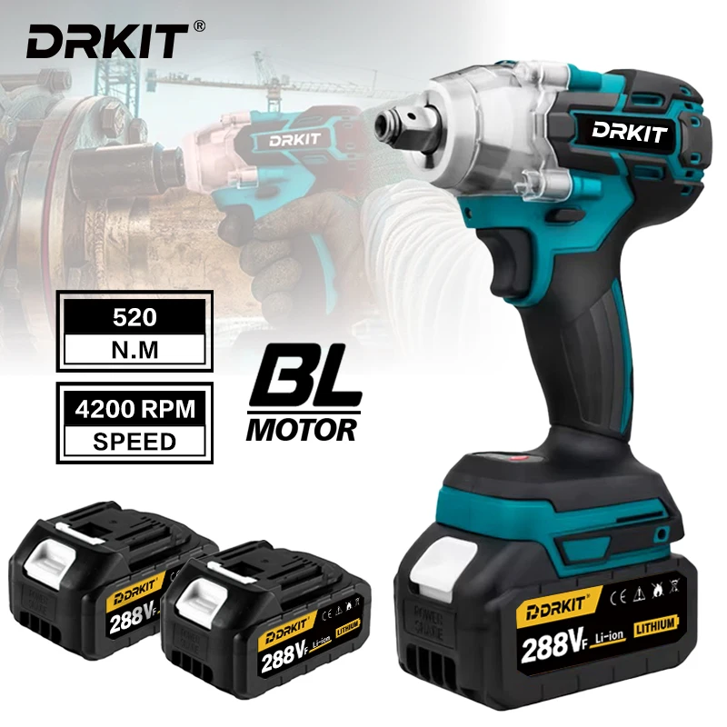 DRKIT 520N.M مفتاح ربط كهربائي بدون فرشاة 1/2 بوصة مفتاح ربط لاسلكي مفك براغي أداة إصلاح السيارات السلطة لبطارية ماكيتا 18 فولت