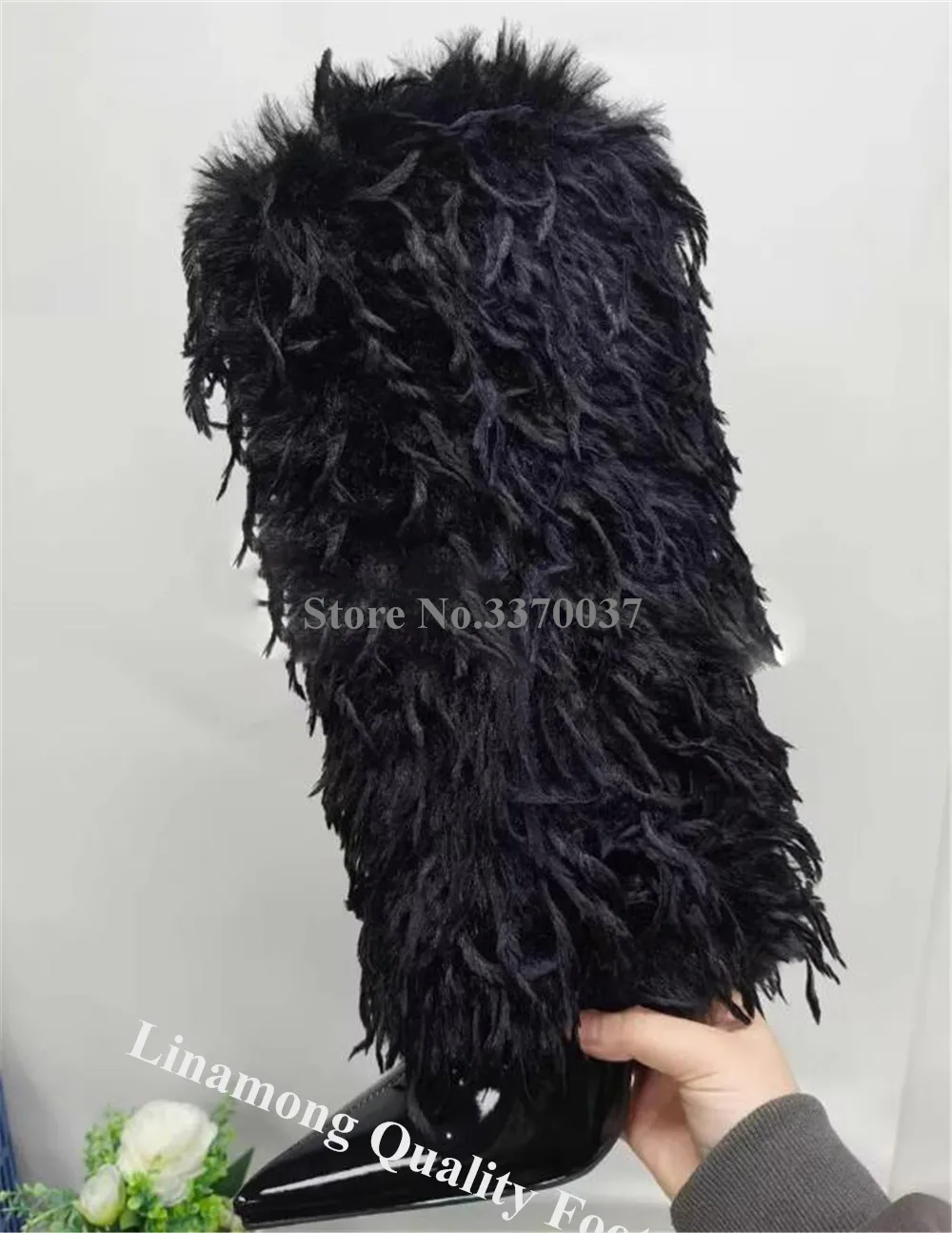 Linamong New Fashion Long Fringes Fur Thin Heel Knee High Boots Black Pink Yellow Stiletto Heel Long Boots Big Size