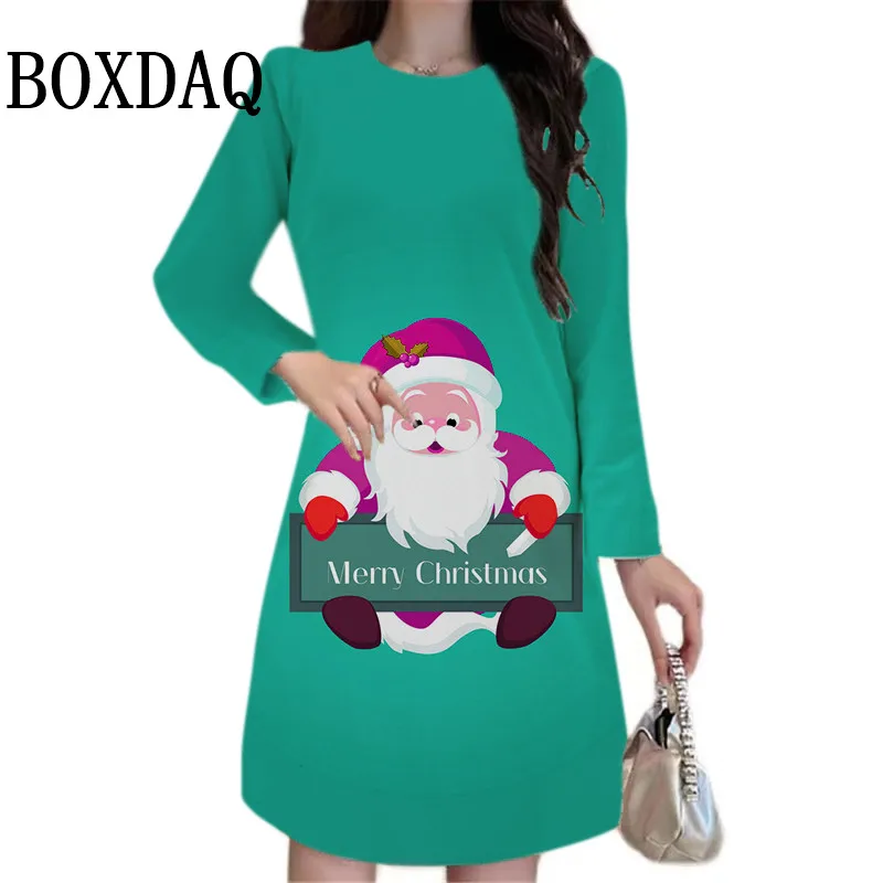 Santa Claus Print Dress For Women 2024 New Year Winter Long Sleeve O-Neck Mini Dress Casual Ladies Christmas Party A-Line Dress