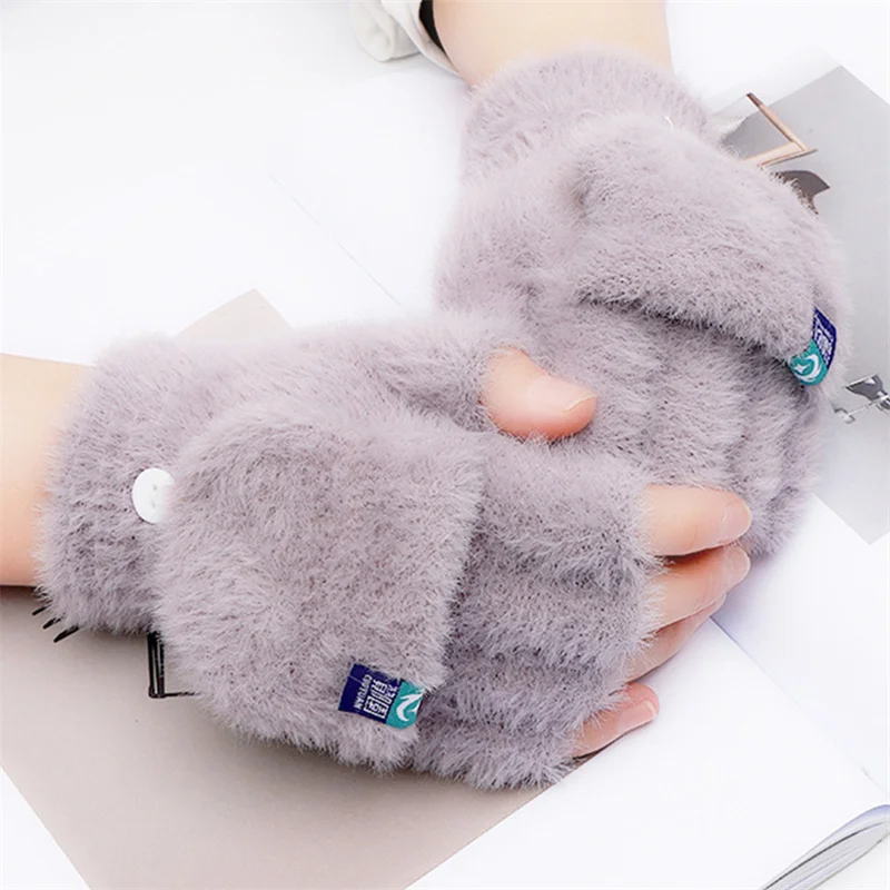 Winter Rabbit Fur Mittens Women Warm Gloves Female Girls Flip Plush Glove Fingerless Thicken Warm Mitten Work Gloves Half Finger