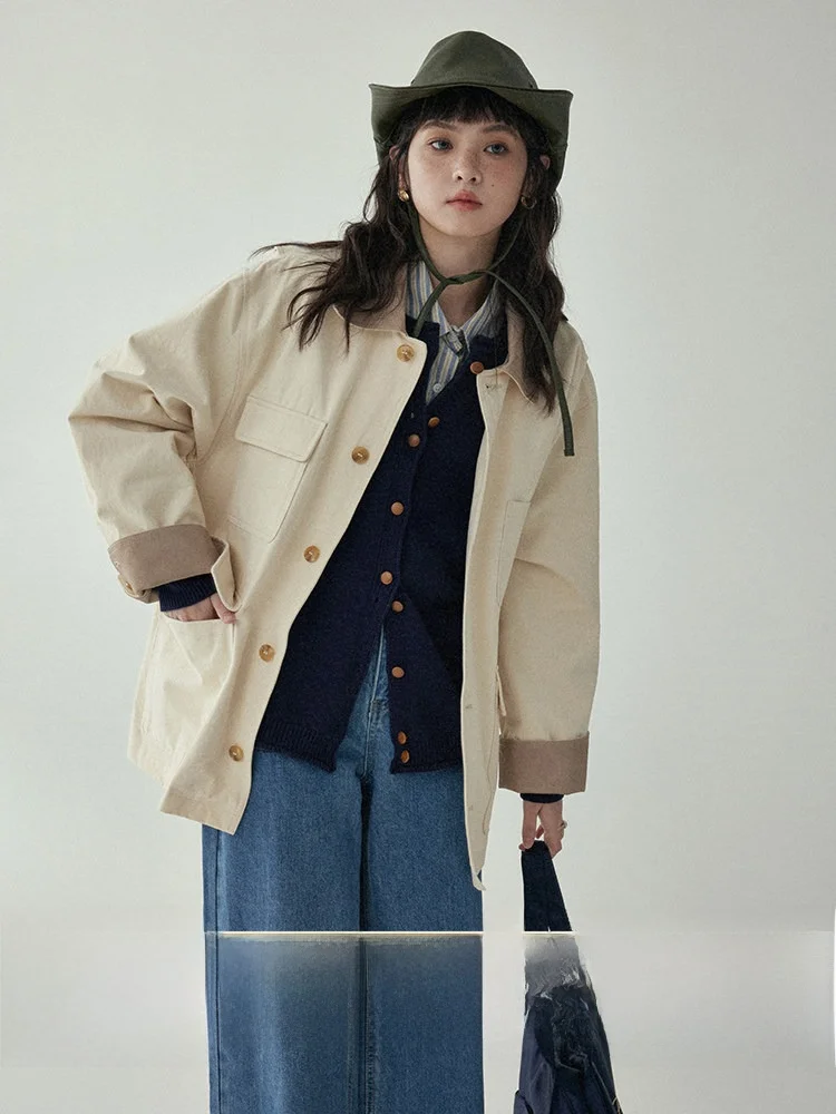 North Island AMUU Retro Color Block Collar Workwear Casual Jacket Women's Spring Autumn Loose Top Korean Style Commute