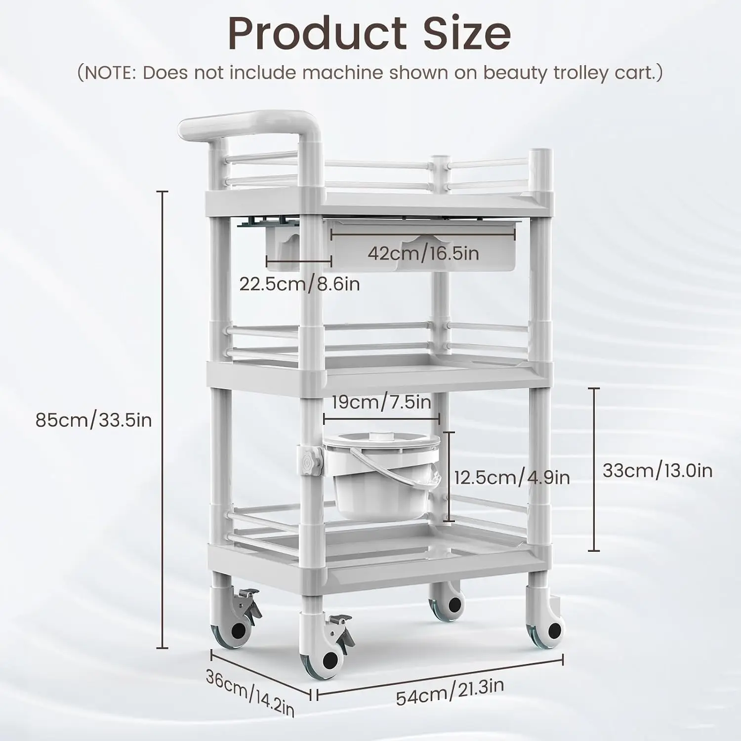 Beauty Trolley Cart Wheels Vacuum Therapy Machine Handrail Bucket Big Drawer 3 Tier Heavy Duty Load 330Lbs 360 Rotate Silent Whe