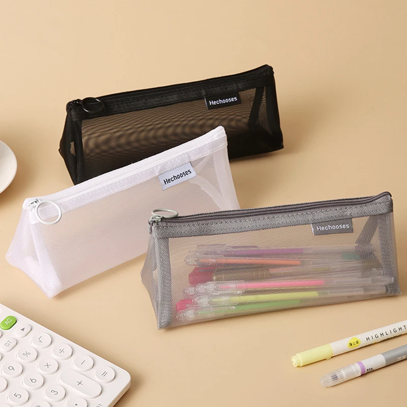 Simple Mash Transparent Makeup Case Large Capacity Cosmetic Brush Bags Gray Black Students Three-dimensional Nylon Pencil Case