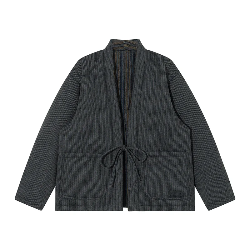 Japanese Style Striped Double Sided Wear Coat  Unisex Kimono Jacket Autumn Winter Streetwear Haori Oversized Coat