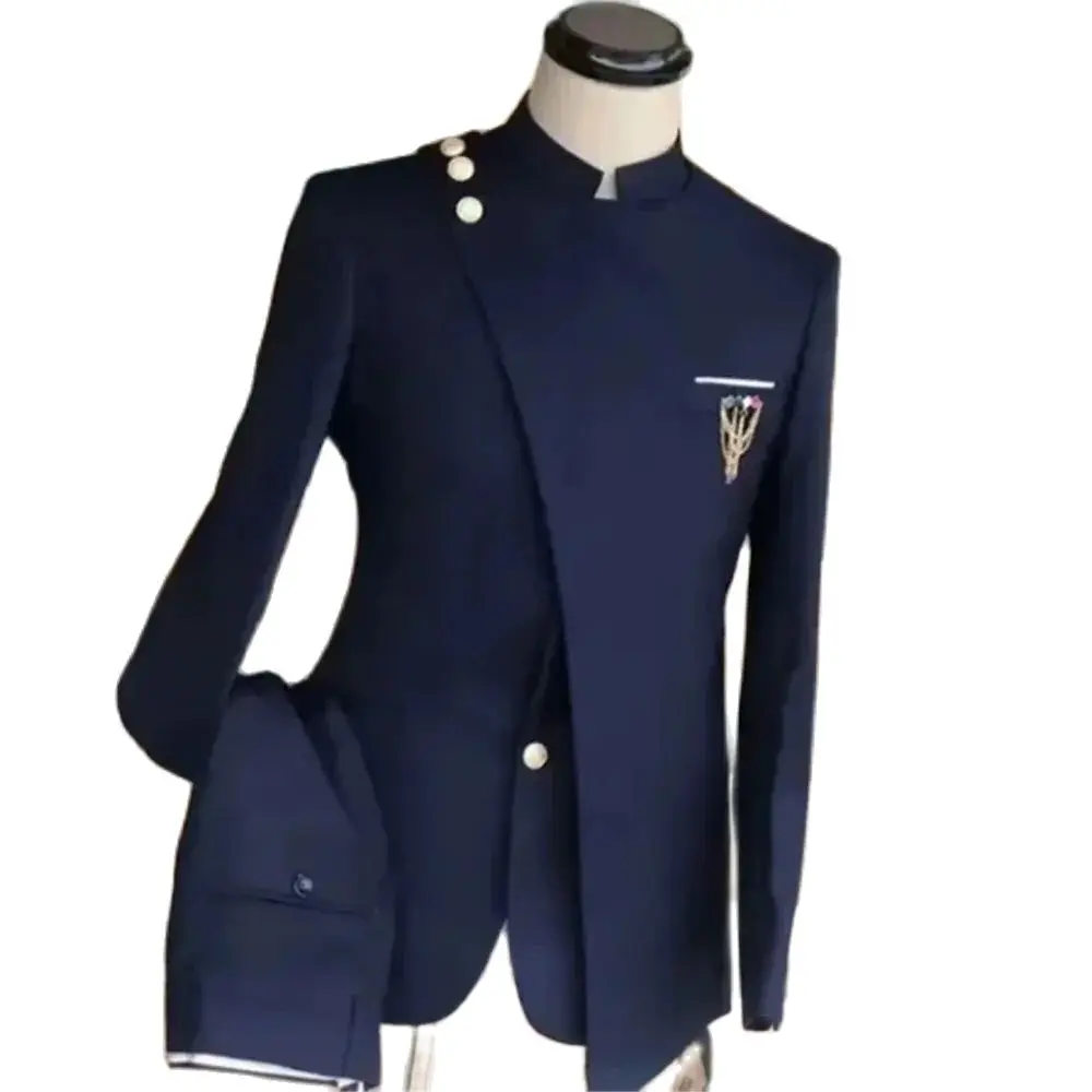 Azul marinho ternos masculinos único breasted suporte lapela blazer estilo africano ocasião formal festa 2 peça jaqueta calças traje homme