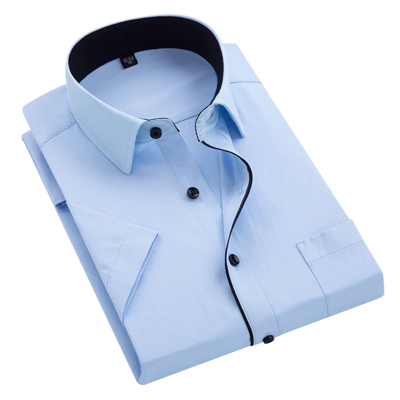 Summer New Business Shirt Men\'s Short-sleeved Black Edge Twill Formal Shirt No-iron Large Size 5XL White Blue Tees