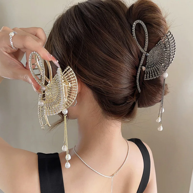 New Estilo Chinês Fan-shaped Cabelo Garra Feminino Vintage Black Pearl Cabelo Clip Clasp Barrettes Para As Mulheres Girl Hair Ornament Jewelry