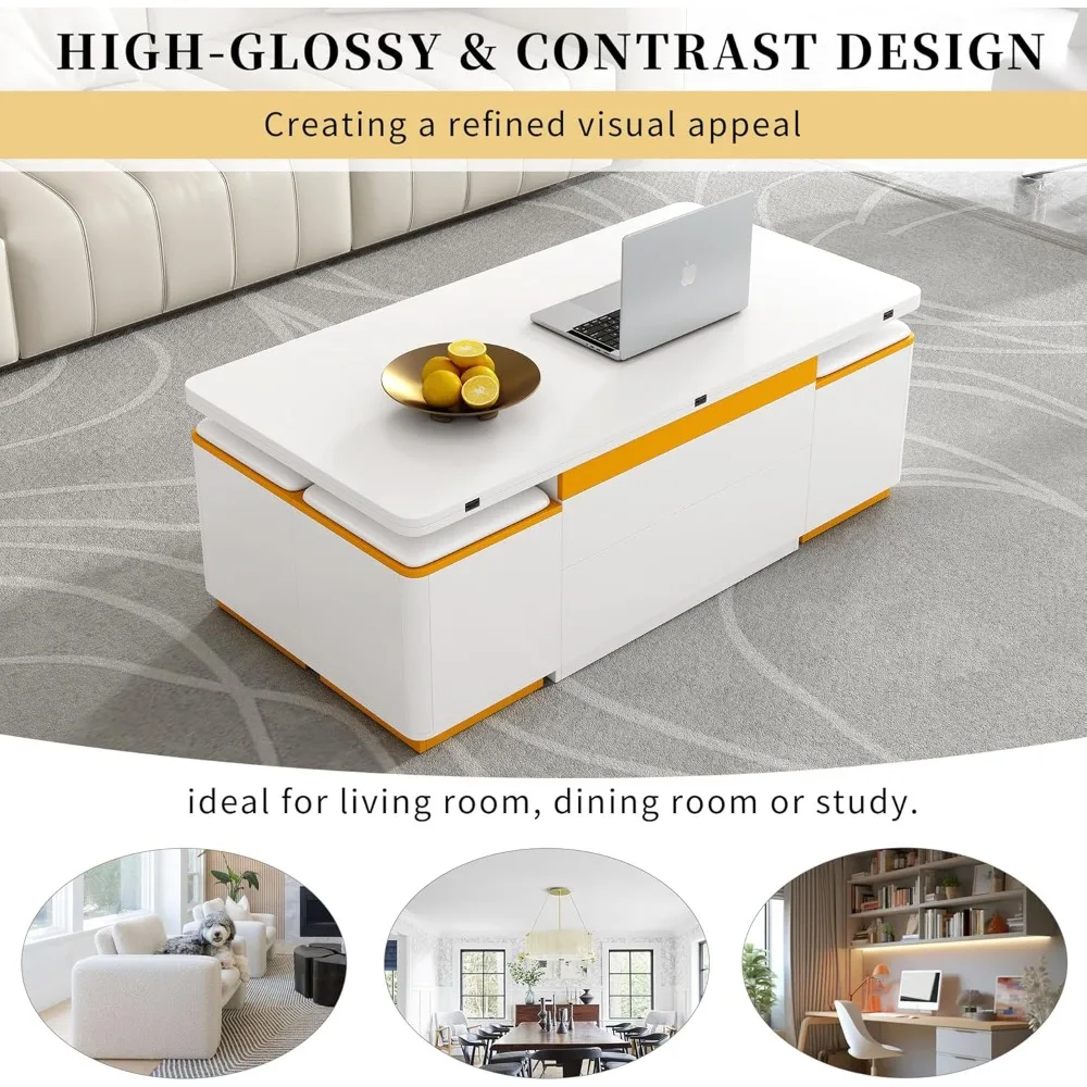 Mesa de centro elevatória 3 em 1 com 4 bancos de armazenamento, mesa central moderna de 47,2" com tampo dobrável, multifuncional ajustável