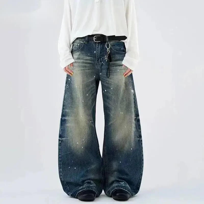 Pantalones de mezclilla para hombre Niche Design, con lavado splash-ink, de pierna ancha, corte curvo, holgados, con contraste de color, 9CQ2M