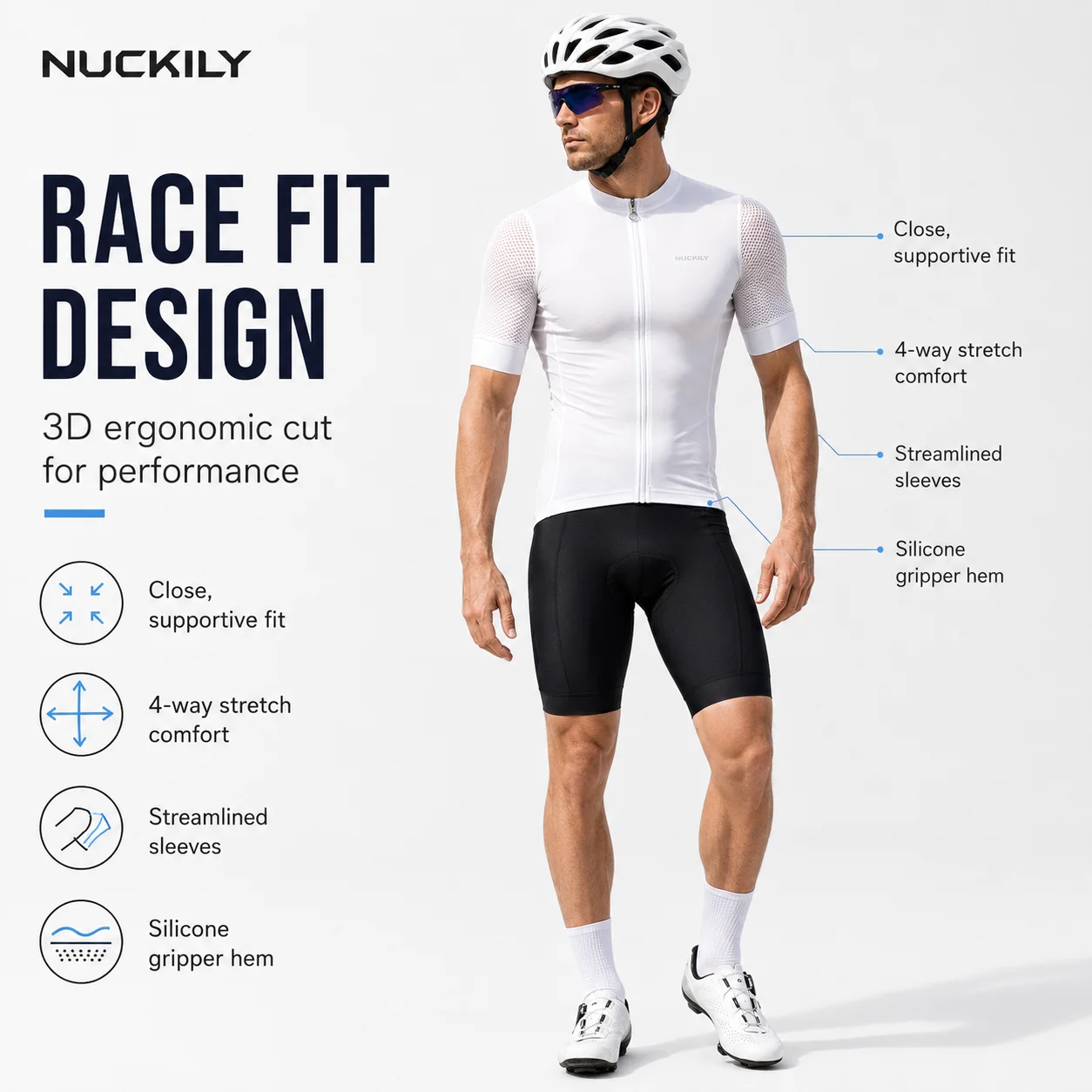 

NUCKILY Men Cycling Jersey Short Sleeve Quick Dry Breathable Bike Suit Reflective 3+1 Pockets Anti-Slip Hem