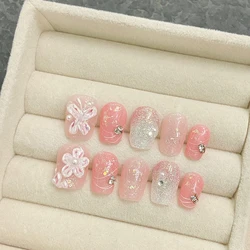 Handmade Press On Nails French Short Floral Pattern False Nails Wearable Resuable Sweet Girls Shiny Pink Fake Nail Patches