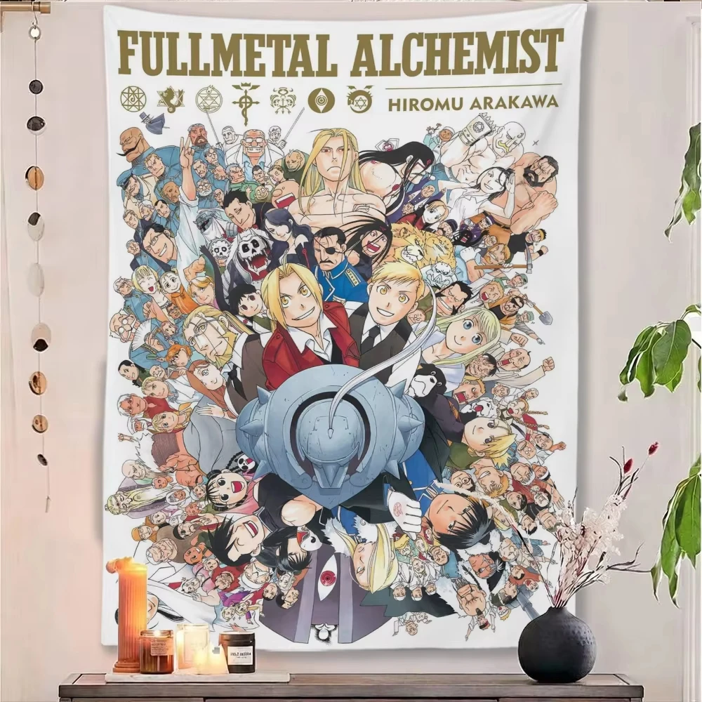 Fullmetal Alchemist Anime Tapestry Wall Hanging, Edward Elric Alphonse Character Poster Tapestries, Red Cloak Manga Art Backdrop
