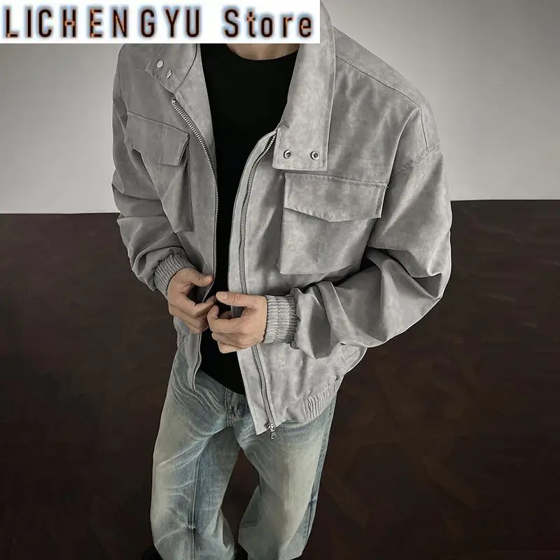 

High Street Style Design Men Jacket Stand Collar Solid Color Tie Dye Tops and Autumn Lager Double Pockets Casual Male Coats Tide