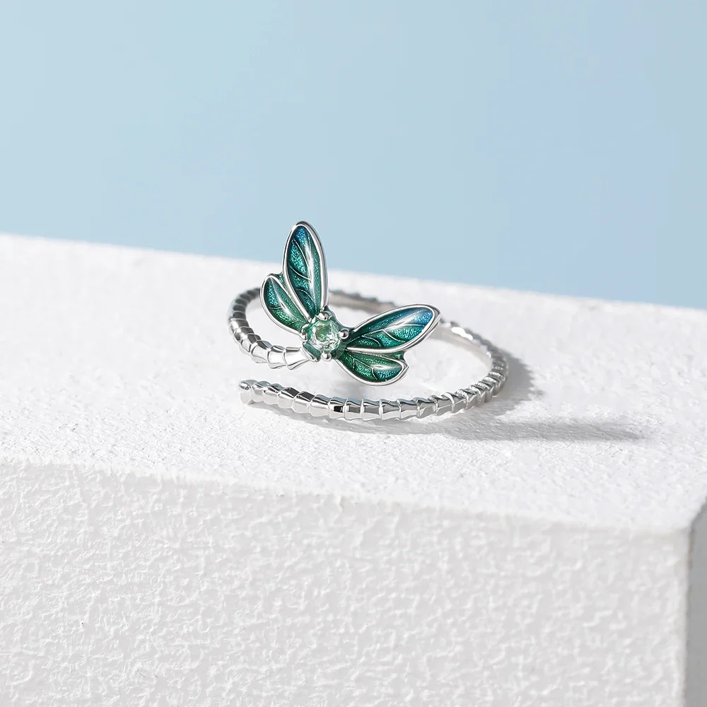 Trumium S925 Sterling Silver Dragonfly Finger Rings for Women Retro Opening Cute Insect Statement Ring Engagement Jewelry