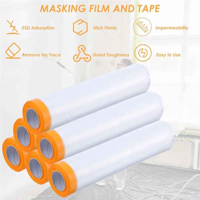 

B59A 6 Rolls Painters Plastic With Tape, Pre-Taped Masking Film, Automotive Best Tape And Drape,For Covering Skirting