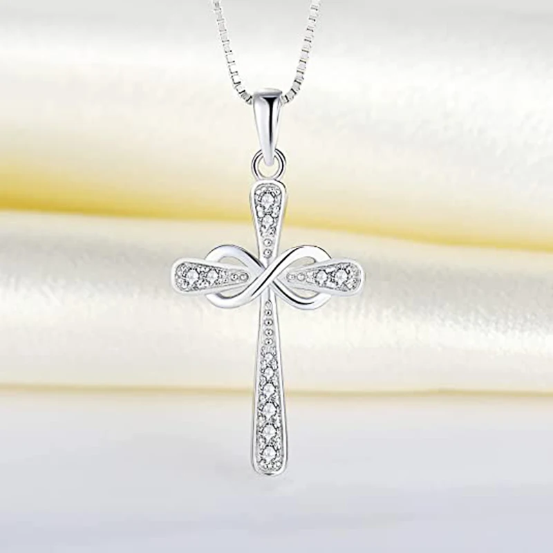 Huitan Infinity Cross Pendant Necklace for Women Silver Color Romantic Neck Accessories Bridal Wedding Trendy Love Jewelry Gift