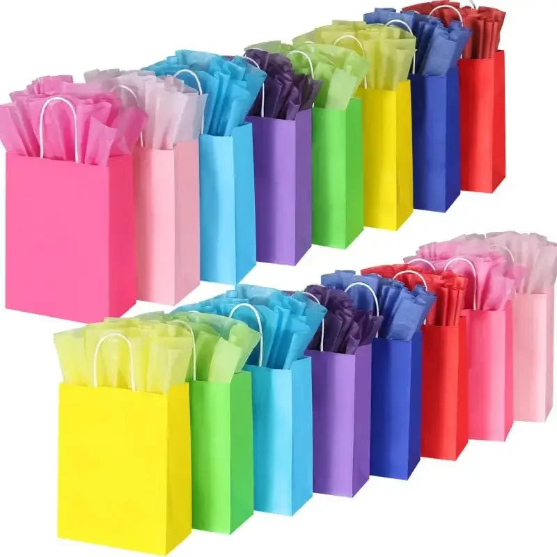 32 Pieces Gift Bags with 32 Tissues, 8 Colors Party Favor Bags with Handles, Rainbow Gift Bags