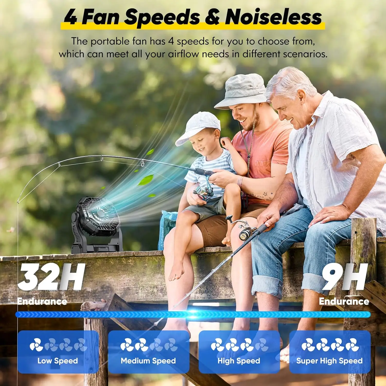 Rechargeable 10" Camping Fan: 10000mAh, LED Light, Hook, USB, Outdoor Use.