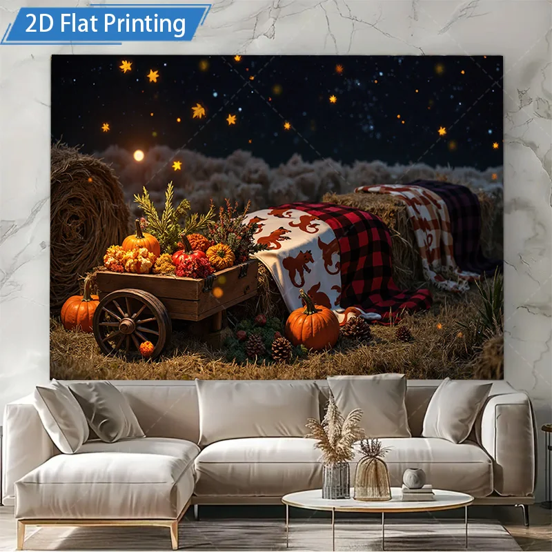 [2D شقة] 1 قطعة 4x16 بوصة علامة معدنية مشهد حصاد الخريف جدار معدني الفن مع القرع القش بالات وديكور السماء الليلية المرصعة بالنجوم