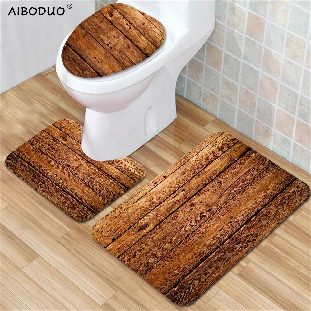 

3Pcs Anti-slip Shower Mat Wood Grain Toilet Cover Soft Bathroom Mats Welcome Door Mat Bath Decor Toilet Sets Bedroom Rug 40X60CM