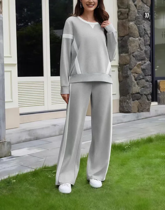 Loose Fashion Contrast Color Splicing Sweatshirt Sports Suit Women New Autumn Winter Side Stripe Wide Leg Pants Two Piece Set