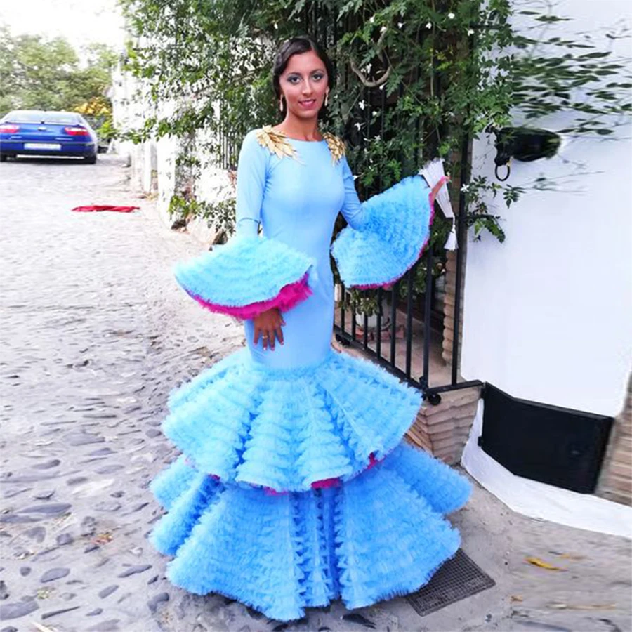 Sky Blue Mermaid Abendkleider Saudi-arabien Trompete Langen Ärmeln Rüschen Tiered Prom Kleider Dubai Robe De Soiree Party Kleid