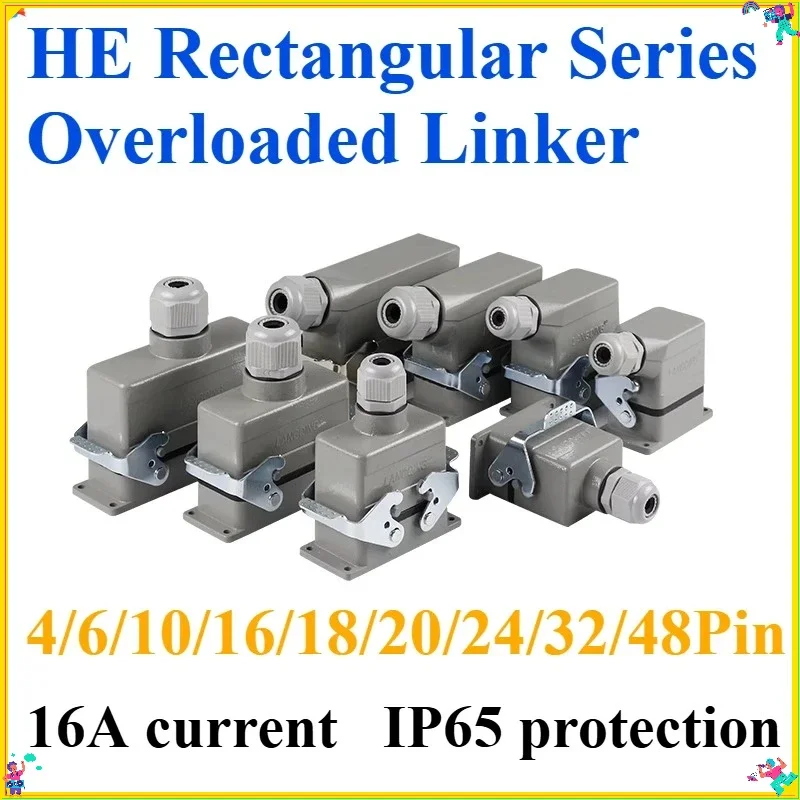 1PCS Rectangular Heavy Duty Connector HDC-HE4 6 16 20 24 32 48 Core Pin 16A Waterproof Aviation Plug Top And Side Line Connector