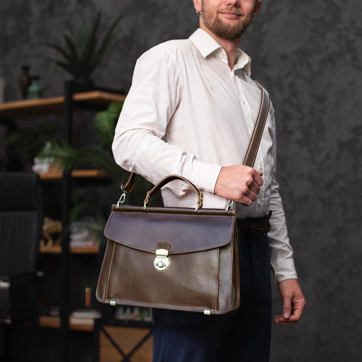 Bolsos de negocios de cuero genuino de CONTACT'S para hombre, maletín de cuero curtido vegetal italiano, bolsos de mano para ordenador portátil para Macbook Pro de 14"