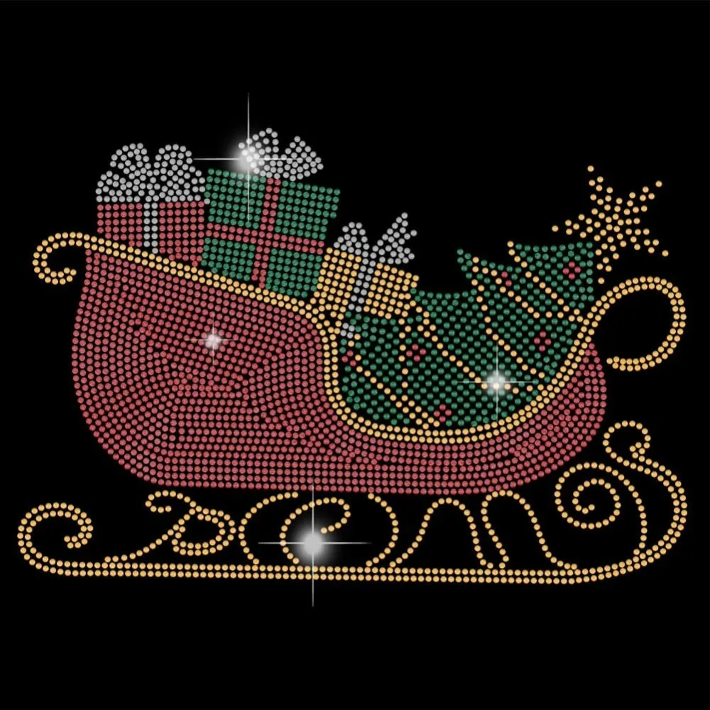 Christmas Sleigh Iron on Rhinestones Transfer Christmas Tree Gifts Crystal Heat Transfer Designs Bling Hot fix Iron