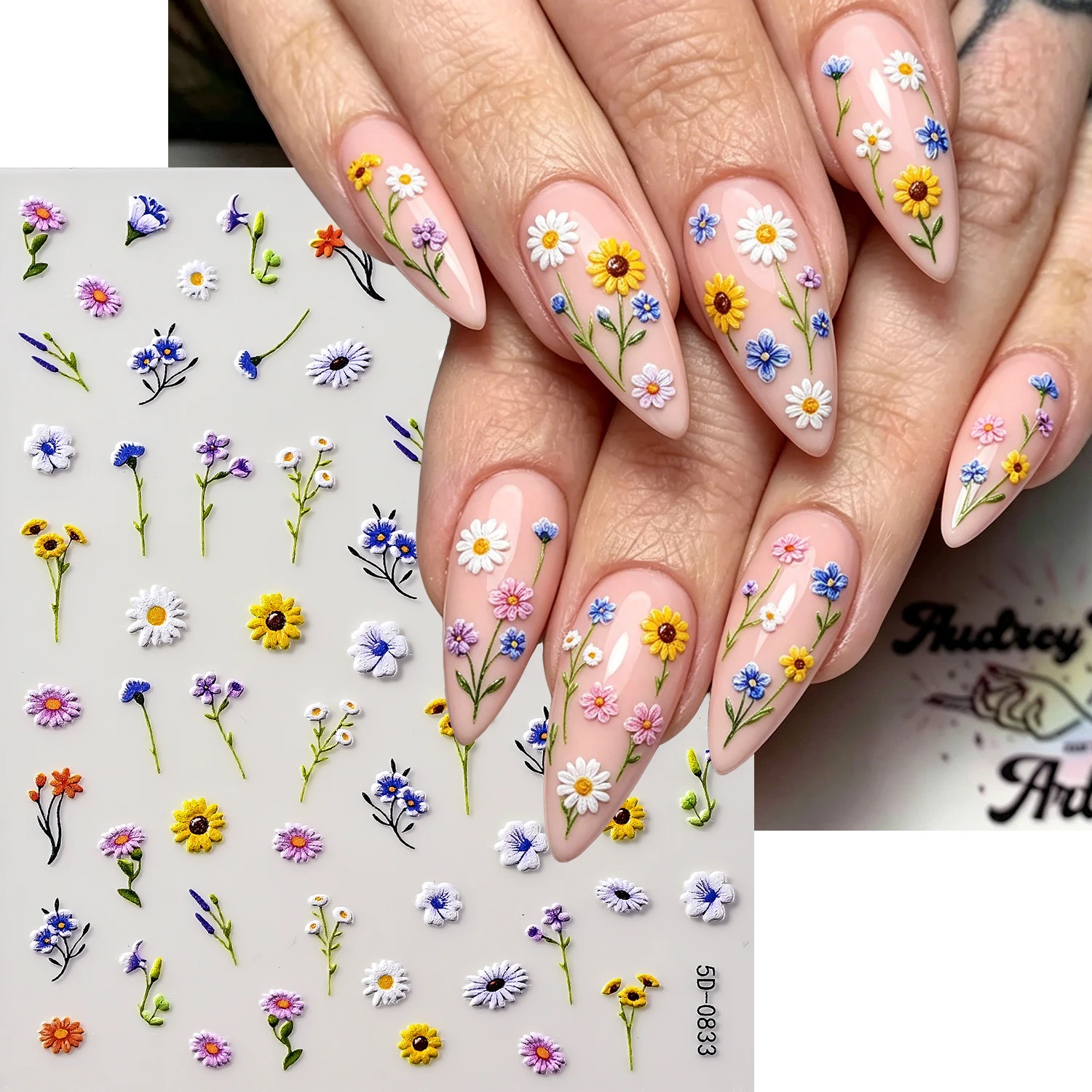 1Pcs 5D Embossed Daisy Wildflower Nail Stickers Multicolor Floral Self Adhesive Nails Decal Spring Summer Flower Manicure Slider