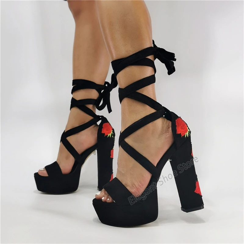 

Red Rose Embroidered Thick Heel Sandals for Women Black Ankle Strap Chunky Platform High Heels Sexy Ladies Banquet Party Shoes