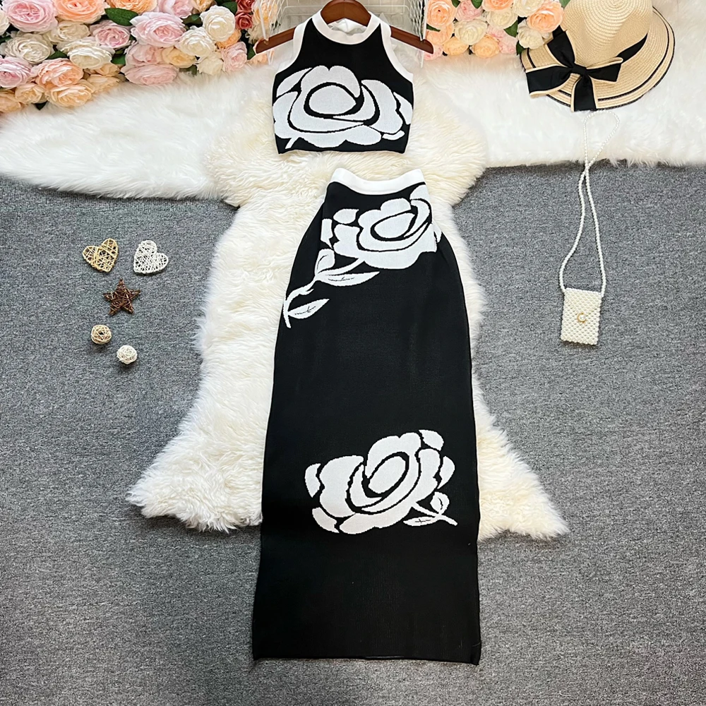 Marca YuooMuoo, trajes de punto de dos piezas a la moda para mujer, moda elegante Y2K, Top corto y falda larga envolvente a la cadera, ropa de calle, trajes para mujer