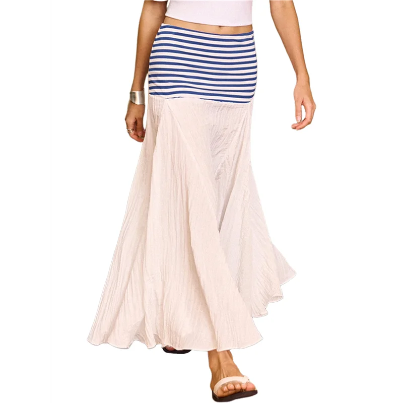 

ABRT-Women's Contrasting Striped Pleated Flowing Maxi Skirt High Waist Maxi Skirt