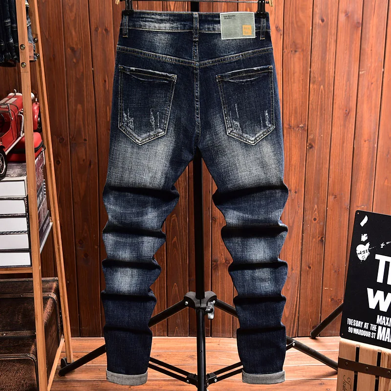 High End Light Luxury Blue Jeans For Men Autumn And Winter Elastic Slim Fit Straight Tube Embroidery Hole Patch For Men'S Denim