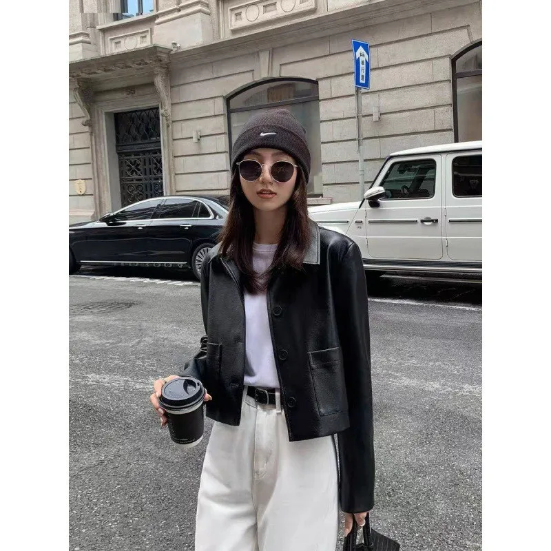 Faionable ort Leather Jaet Dames Sli Casual Retro 2024 Nieuw Model China Made Lange Sve Kraag PU-leer