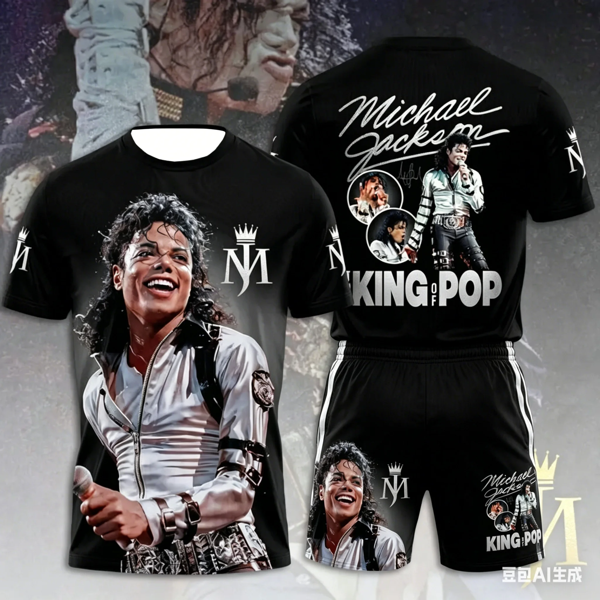 

2026 New Men's Michael Jackson King of Pop Tribute 2PCS Set Portrait Print T-Shirt + Casual Shorts for Diehard Fans