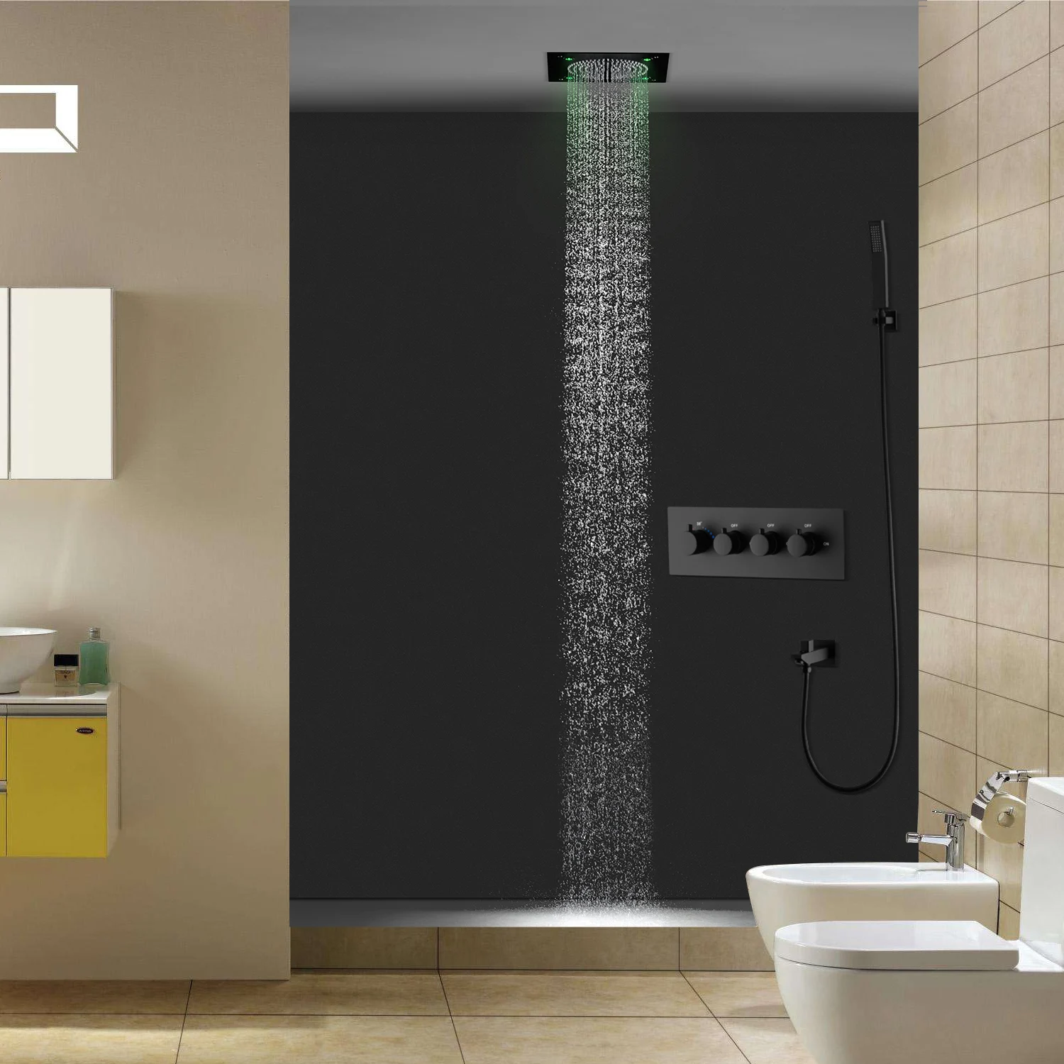 OLEFY Bathroom Accessories 320*320MM Round Black LED Rain Shower Head Mist Thermostatic Faucet Shower System